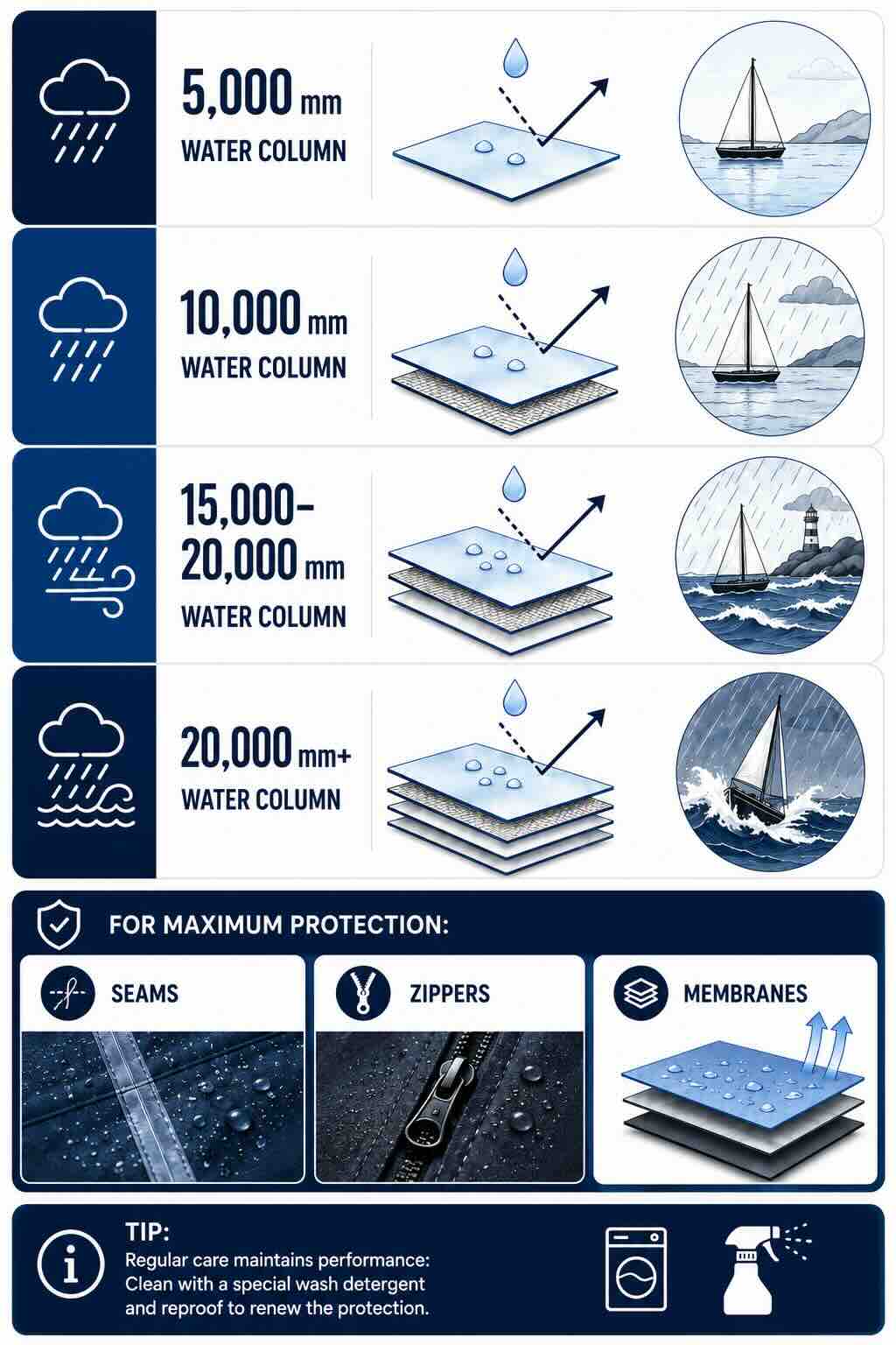 Informationsgrafik zur Wassers&auml;ule, entscheidenden Elementen wie versiegelte N&auml;hte, wasserabweisende Rei&szlig;verschl&uuml;sse, dem Aufbau der Membran und der Tipp, die Produkte mit Spezialwaschmittel zu reinigen und regelm&auml;&szlig;ig zu impr&auml;gnieren